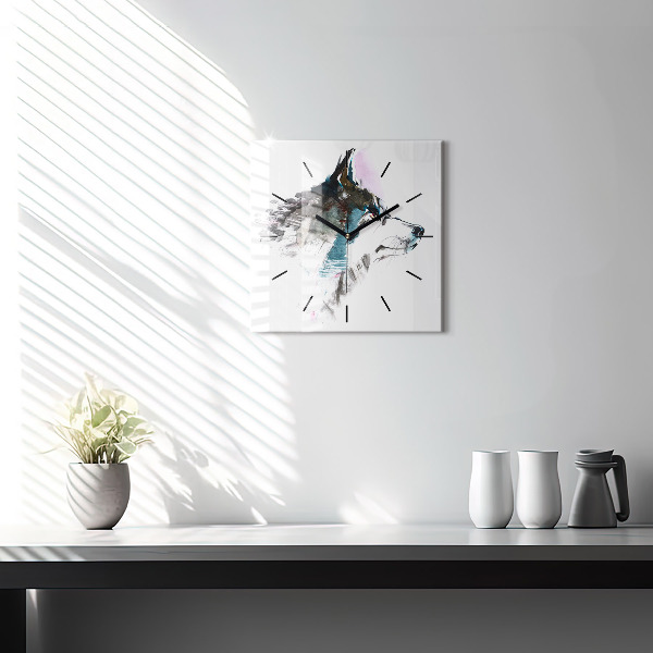 Horloge carrée en verre Profil de loup peint