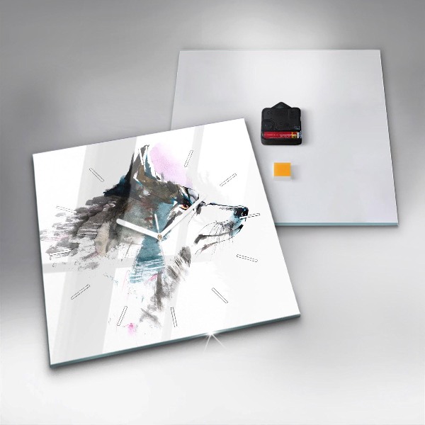 Horloge carrée en verre Profil de loup peint