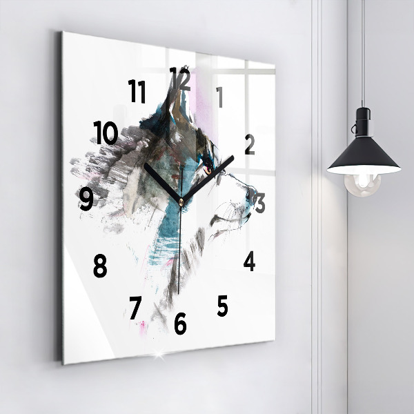 Horloge carrée en verre Profil de loup peint