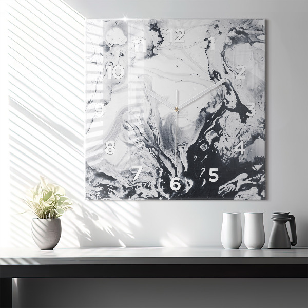 Horloge carrée en verre 'Marbre à l''encre abstrait'