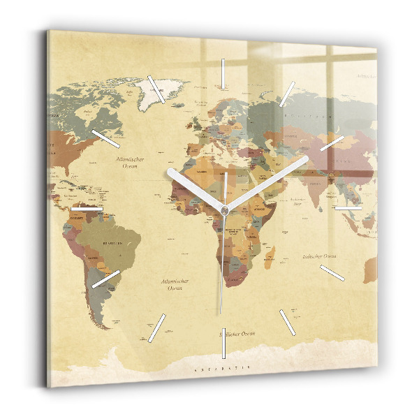 Horloge carrée en verre Carte du monde vintage