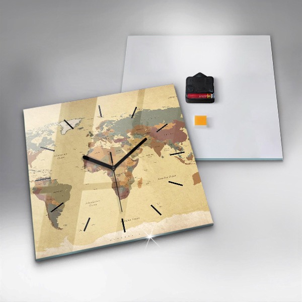 Horloge carrée en verre Carte du monde vintage