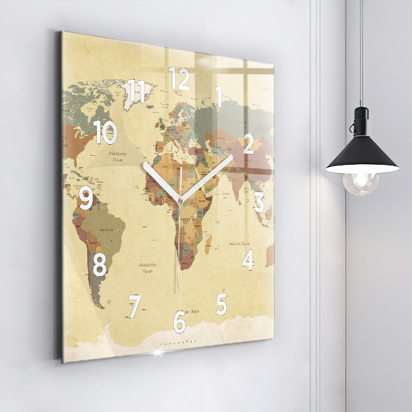 Horloge carrée en verre Carte du monde vintage