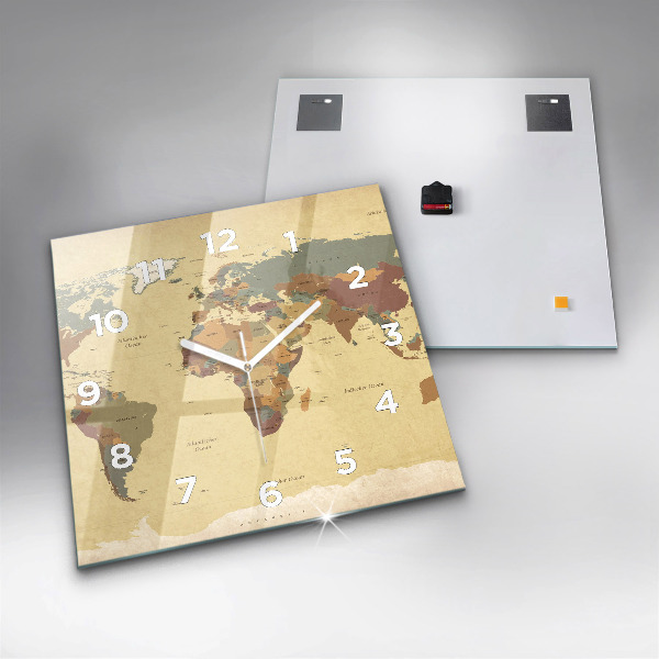 Horloge carrée en verre Carte du monde vintage