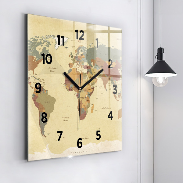 Horloge carrée en verre Carte du monde vintage