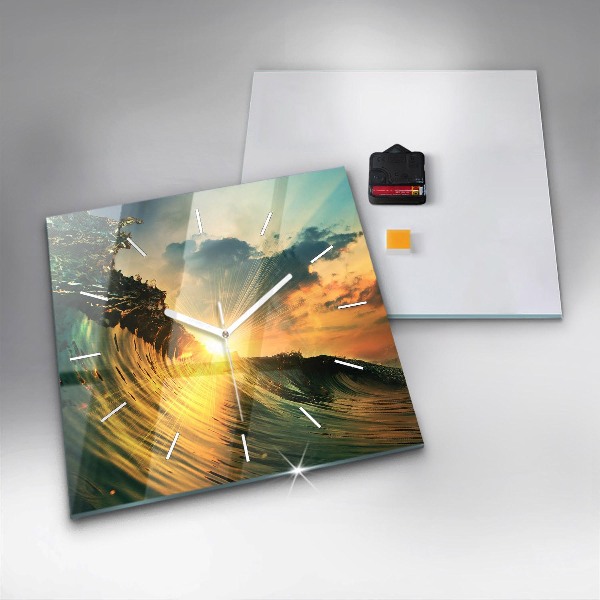 Horloge carrée en verre Perspective du coucher de soleil sur les vagues