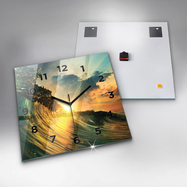Horloge carrée en verre Perspective du coucher de soleil sur les vagues
