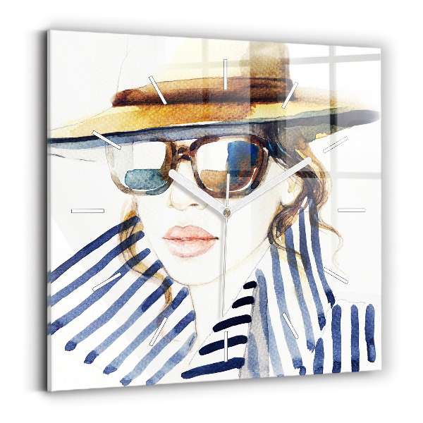 Horloge carrée en verre Visage avec lunettes et chapeau