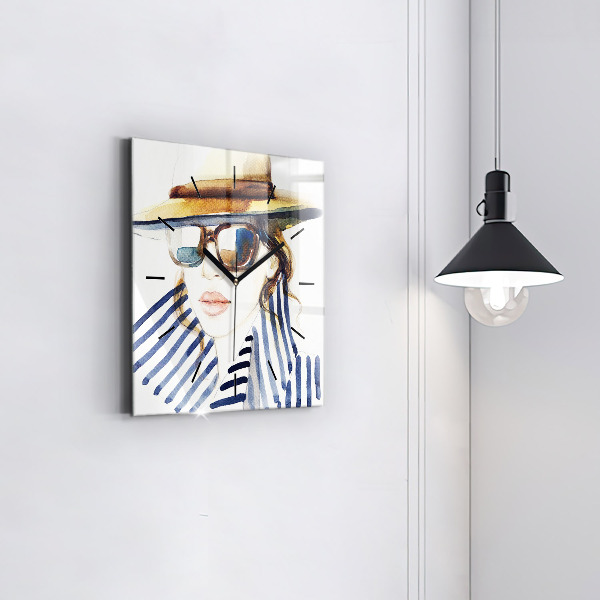 Horloge carrée en verre Visage avec lunettes et chapeau