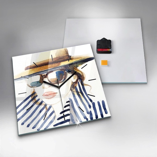 Horloge carrée en verre Visage avec lunettes et chapeau