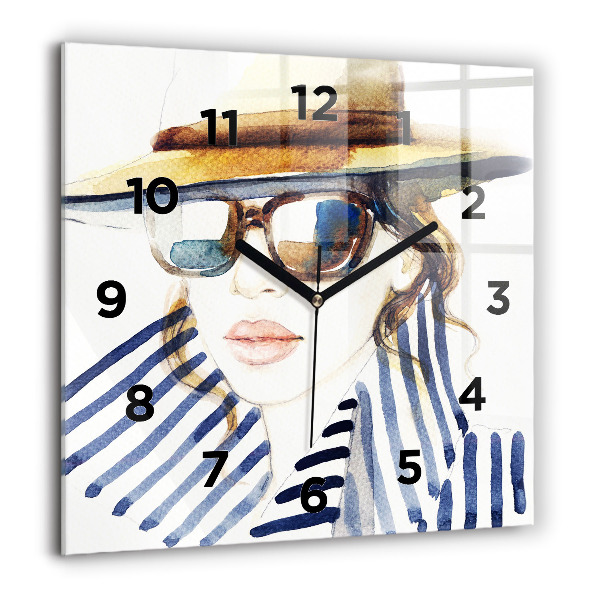 Horloge carrée en verre Visage avec lunettes et chapeau