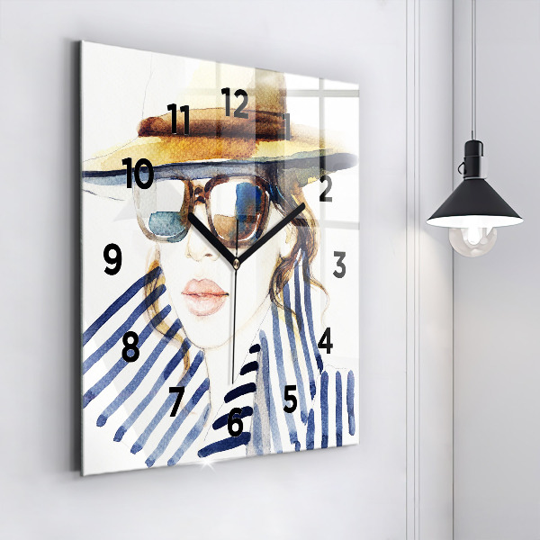 Horloge carrée en verre Visage avec lunettes et chapeau
