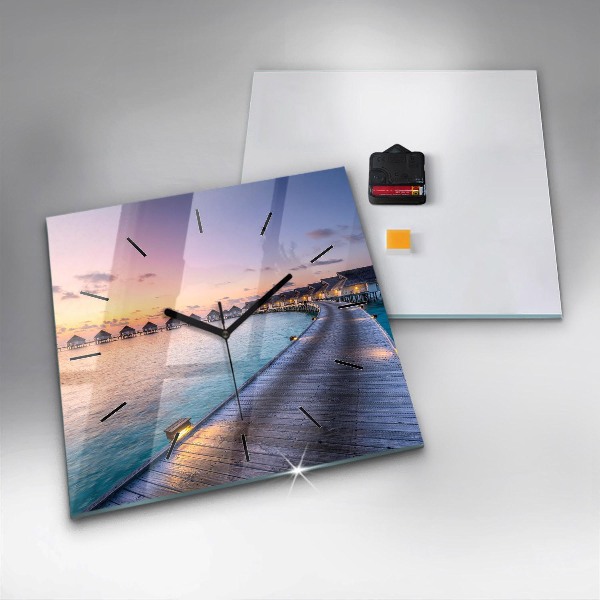 Pendule carrée en verre Coucher de soleil aux Maldives