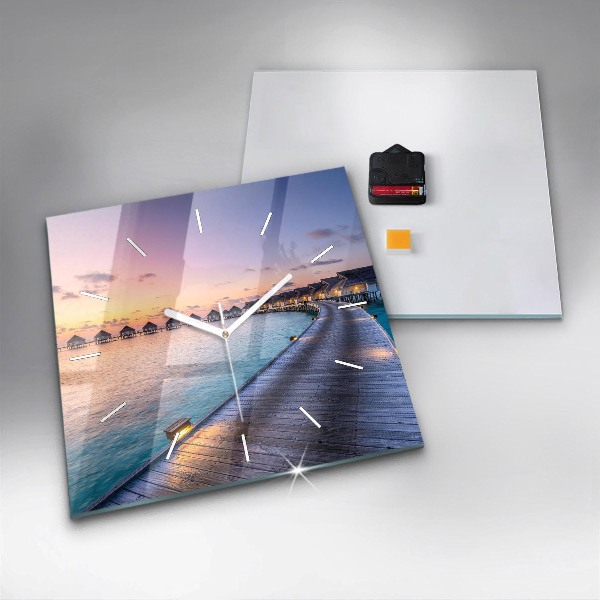 Pendule carrée en verre Coucher de soleil aux Maldives