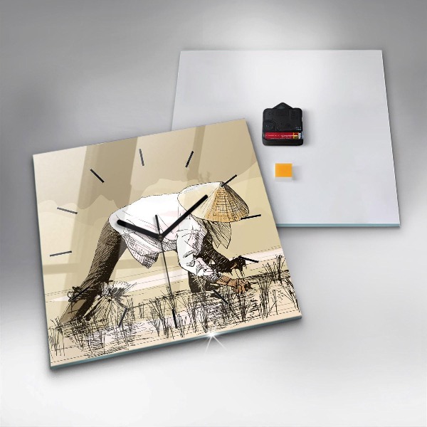Horloge murale carrée Femme cueillant du riz