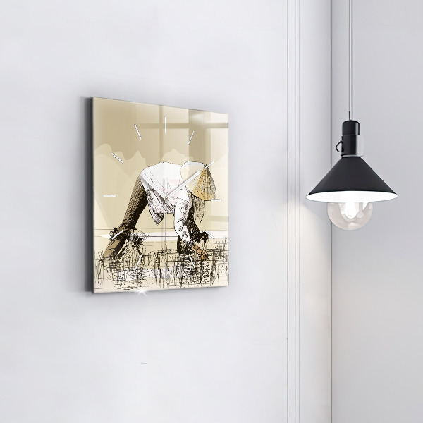 Horloge murale carrée Femme cueillant du riz