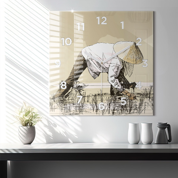 Horloge murale carrée Femme cueillant du riz