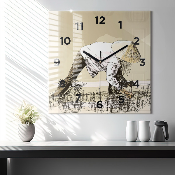 Horloge murale carrée Femme cueillant du riz
