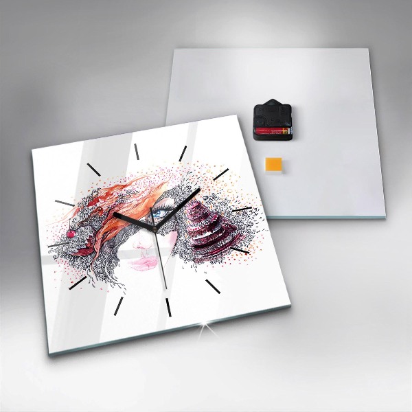 Horloge murale carrée Douce femme avec un gâteau