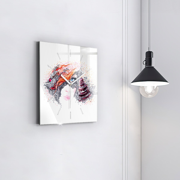 Horloge murale carrée Douce femme avec un gâteau