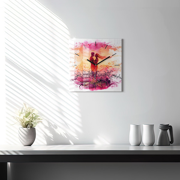 Horloge murale carrée 'Couple amoureux à l''aquarelle'