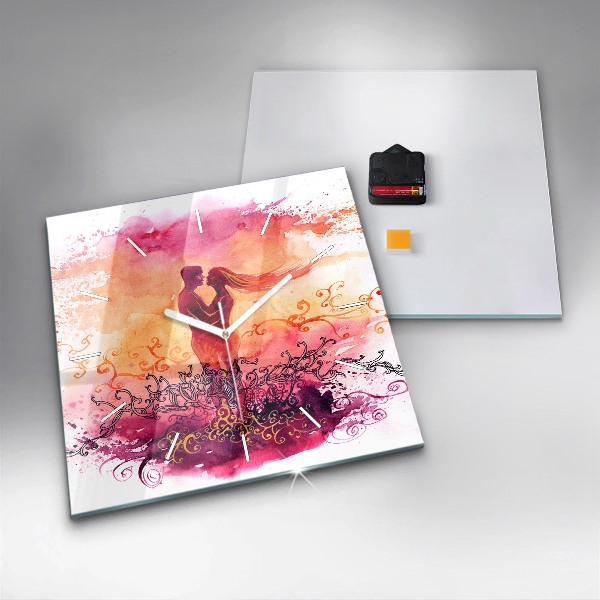 Horloge murale carrée 'Couple amoureux à l''aquarelle'