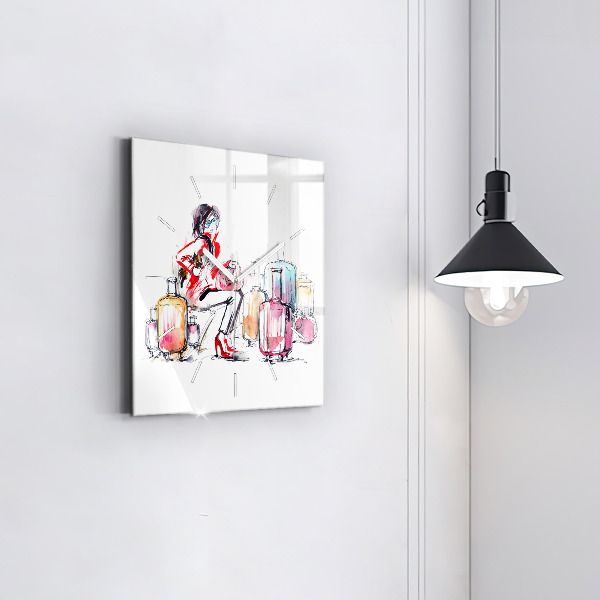 Horloge murale carrée Femme avec des valises