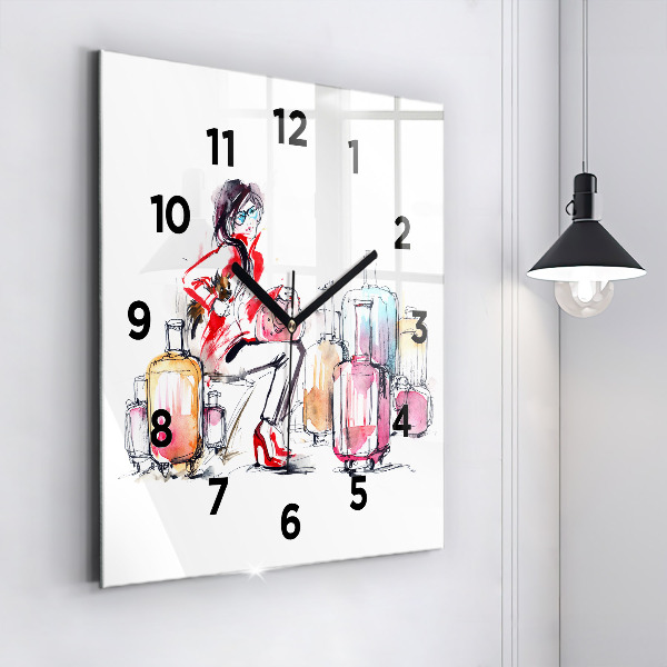 Horloge murale carrée Femme avec des valises