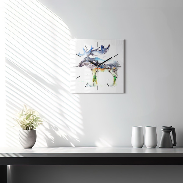 Horloge murale carrée 'Paysage d''élans et de montagnes'