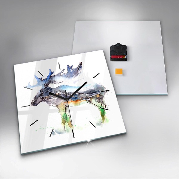 Horloge murale carrée 'Paysage d''élans et de montagnes'