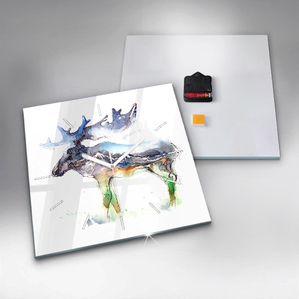 Horloge murale carrée 'Paysage d''élans et de montagnes'