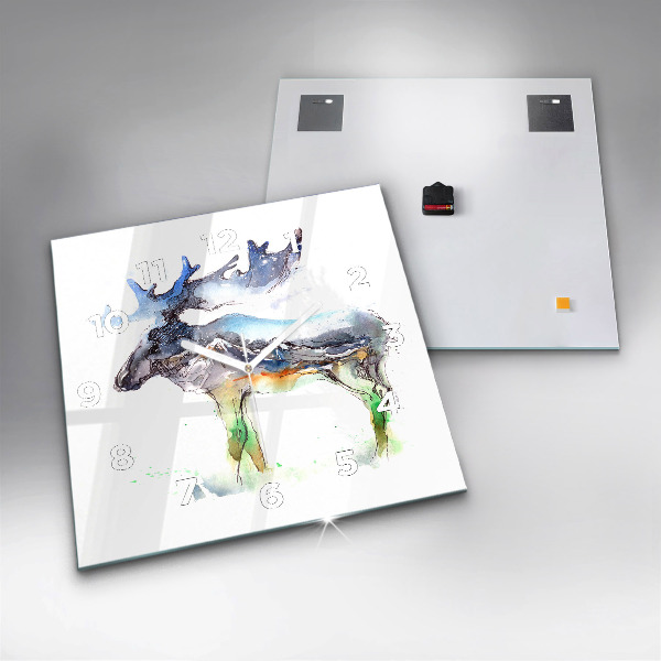 Horloge murale carrée 'Paysage d''élans et de montagnes'
