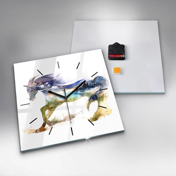 Horloge murale carrée Montagnes peintes et cheval