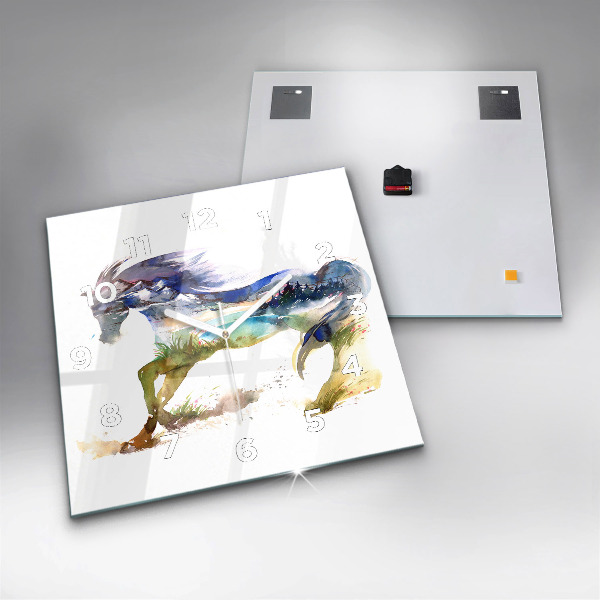 Horloge murale carrée Montagnes peintes et cheval