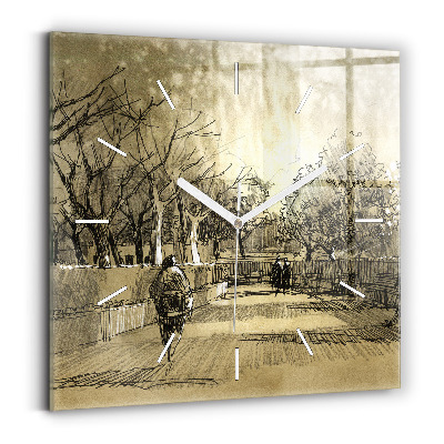 Horloge carrée en verre Parc et arbres en sépia