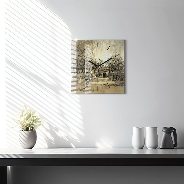 Horloge carrée en verre Parc et arbres en sépia