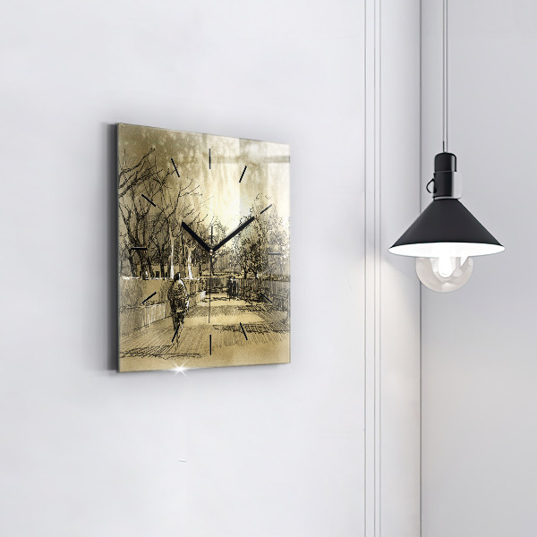 Horloge carrée en verre Parc et arbres en sépia