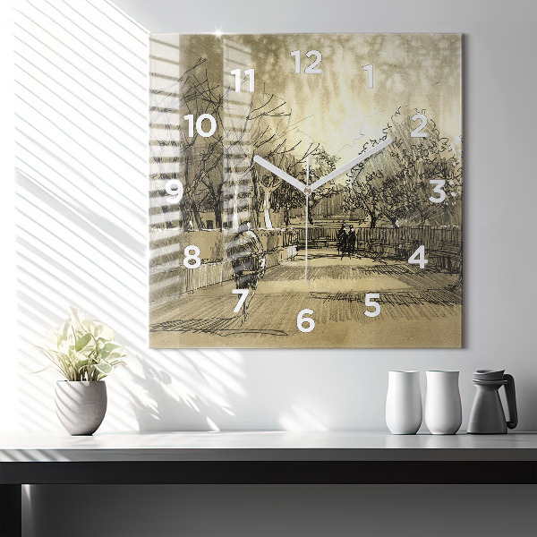 Horloge carrée en verre Parc et arbres en sépia