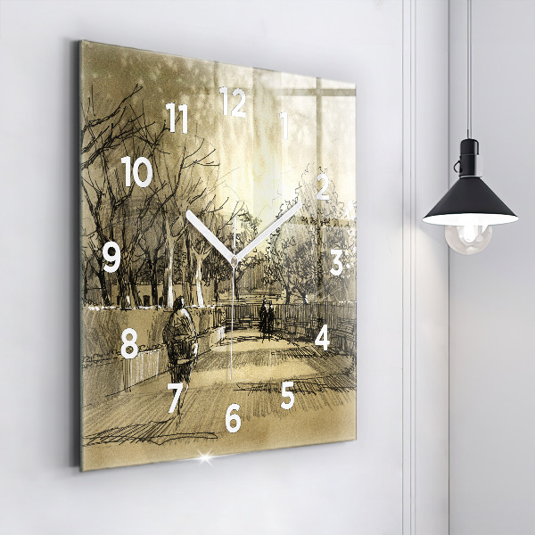 Horloge carrée en verre Parc et arbres en sépia