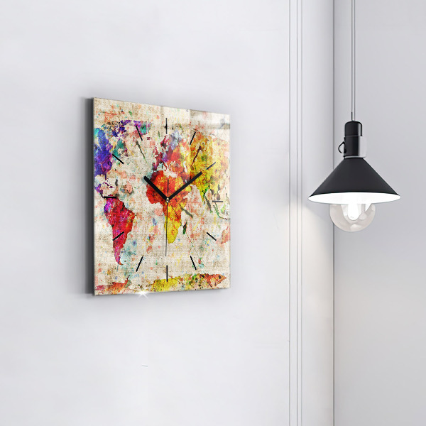 Horloge carrée en verre Carte du monde colorée