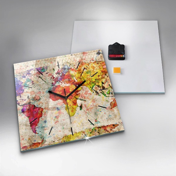 Horloge carrée en verre Carte du monde colorée