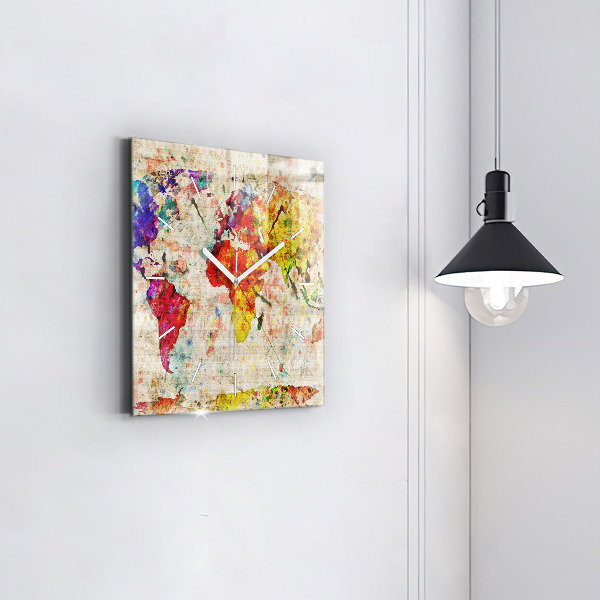 Horloge carrée en verre Carte du monde colorée