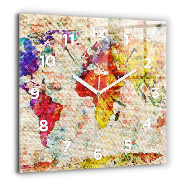Horloge carrée en verre Carte du monde colorée