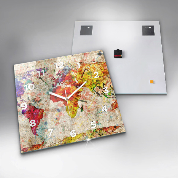 Horloge carrée en verre Carte du monde colorée