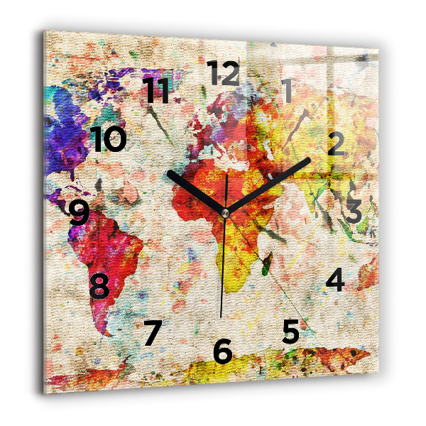 Horloge carrée en verre Carte du monde colorée