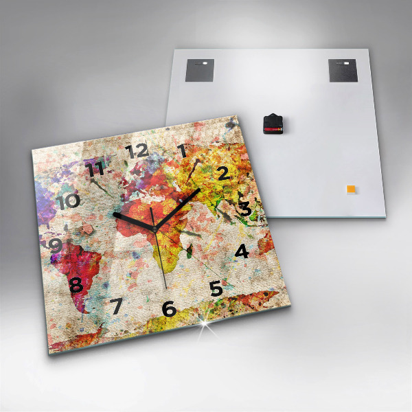 Horloge carrée en verre Carte du monde colorée