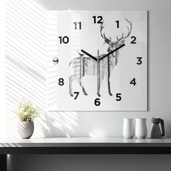 Horloge carrée en verre 'Silhouette d''un cerf Forêt'