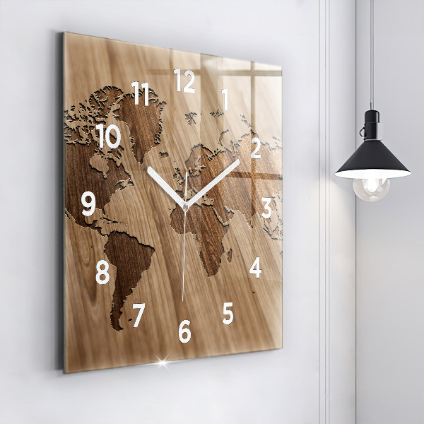 Horloge carrée en verre Carte du monde sur bois