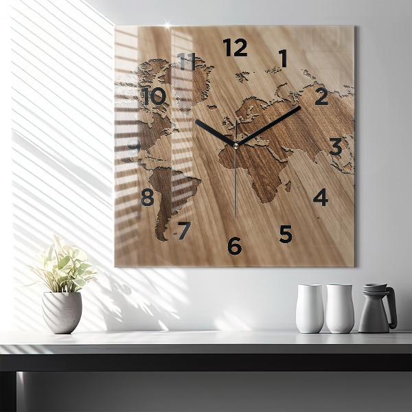 Horloge carrée en verre Carte du monde sur bois