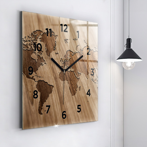 Horloge carrée en verre Carte du monde sur bois